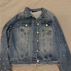Lea & Viola Blue Pearl-Embellished Jean Jacket
